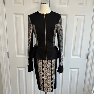 NWOT VENUS Black Silver Lace Sequence Peplum Cocktail Jacket & Skirt Set Size S